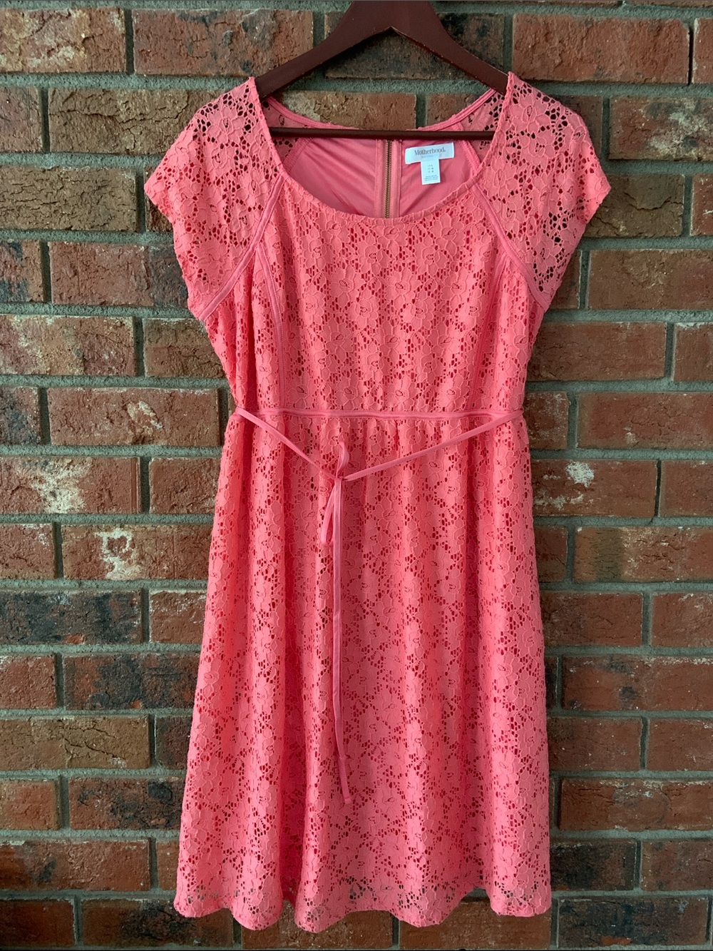 Motherhood Maternity Coral Lace Short Sleeve Dress with Self-Tie Waist